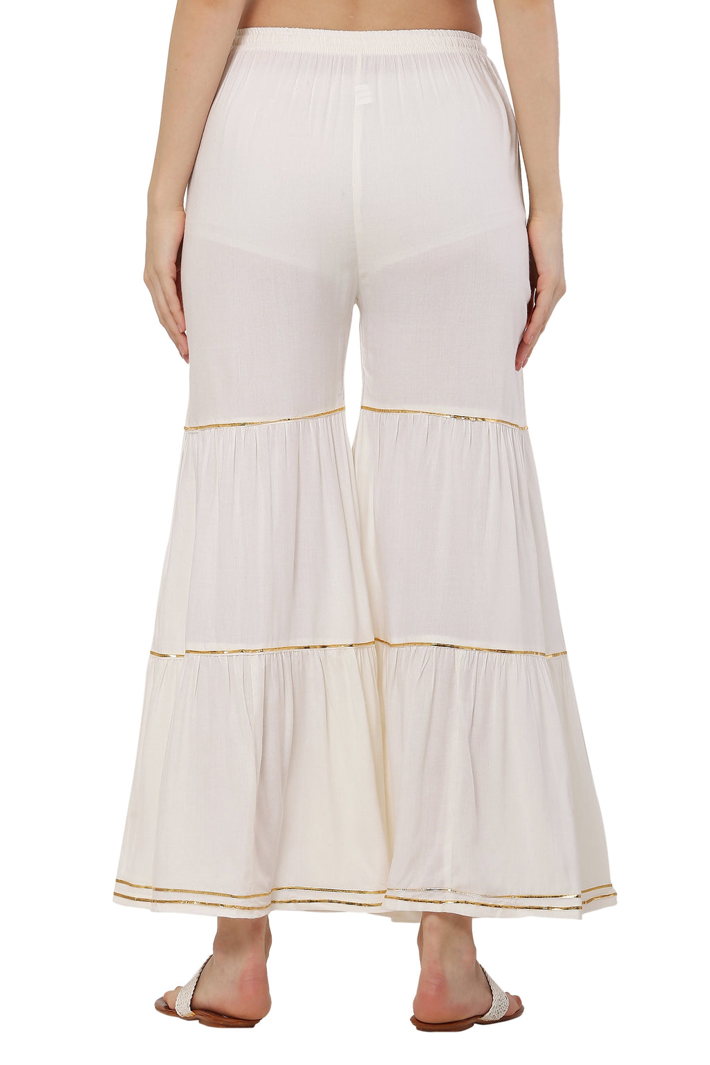 PAVONINE Off White Color 3-Panels Golden Gota Flared Sharara For Women | Grocsy