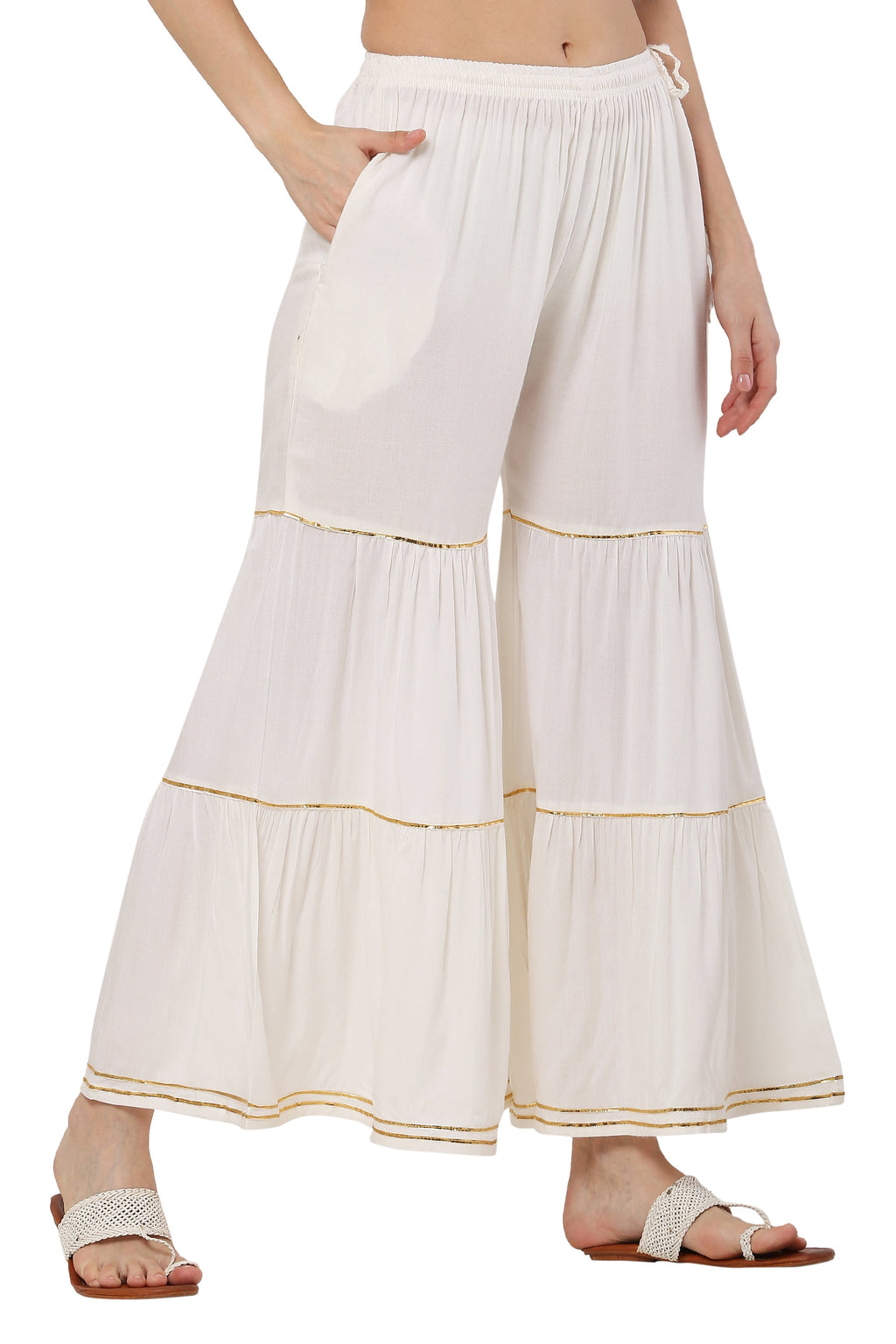 PAVONINE Off White Color 3-Panels Golden Gota Flared Sharara For Women | Grocsy