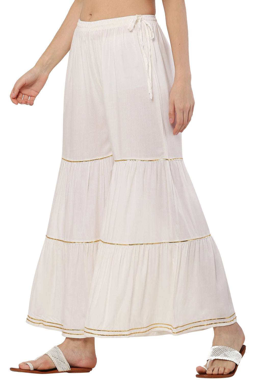 PAVONINE Off White Color 3-Panels Golden Gota Flared Sharara For Women | Grocsy