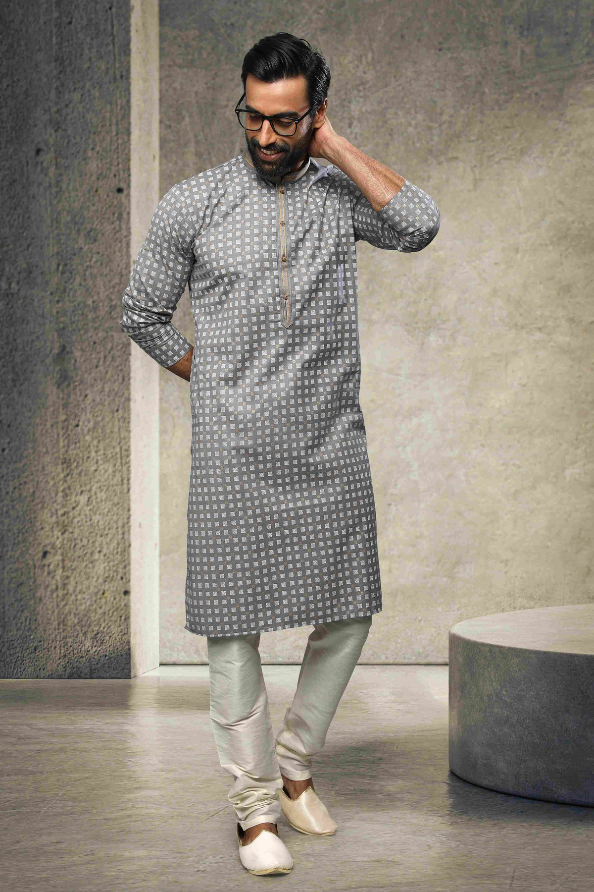 Raivat Ethnic Cotton Printed Work Kurta Pajama In Grey Colour | Grocsy