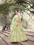 Myra Pista Green Soft Net Heavy Embroidered Lehenga | Grocsy