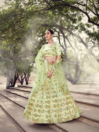 Myra Pista Green Soft Net Heavy Embroidered Lehenga | Grocsy