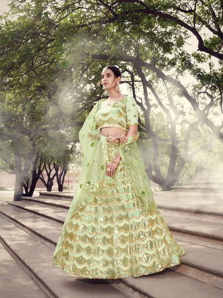 Myra Pista Green Soft Net Heavy Embroidered Lehenga | Grocsy