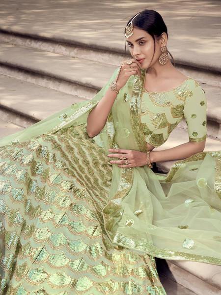 Myra Pista Green Soft Net Heavy Embroidered Lehenga | Grocsy