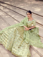 Myra Pista Green Soft Net Heavy Embroidered Lehenga | Grocsy