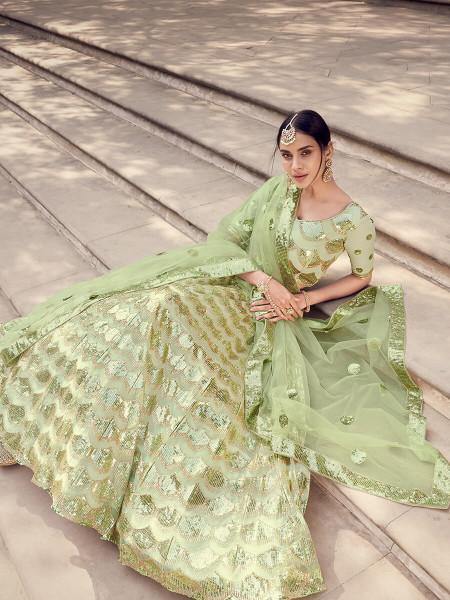 Myra Pista Green Soft Net Heavy Embroidered Lehenga | Grocsy