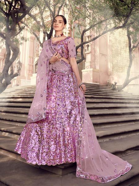 Myra Lilac Soft Net Heavy Embroidered Lehenga | Grocsy