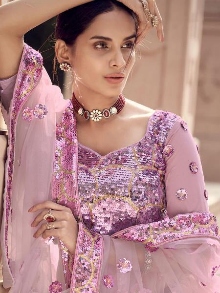 Myra Lilac Soft Net Heavy Embroidered Lehenga | Grocsy