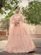 Myra Peach Soft Net Heavy Embroidered Lehenga | Grocsy