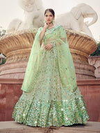 Myra Pista Green Soft Net Heavy Embroidered Lehenga | Grocsy
