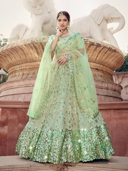 Myra Pista Green Soft Net Heavy Embroidered Lehenga | Grocsy