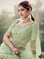 Myra Pista Green Soft Net Heavy Embroidered Lehenga | Grocsy