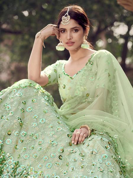 Myra Pista Green Soft Net Heavy Embroidered Lehenga | Grocsy