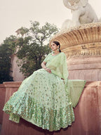 Myra Pista Green Soft Net Heavy Embroidered Lehenga | Grocsy