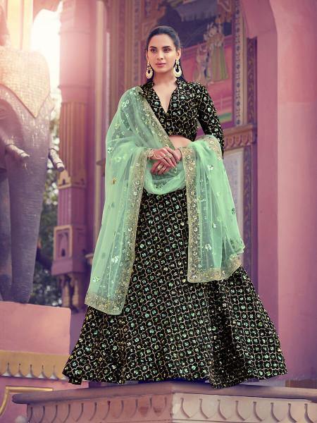 Myra Black Heavy Embroidered Fur Lehenga | Grocsy