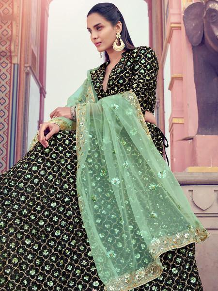 Myra Black Heavy Embroidered Fur Lehenga | Grocsy
