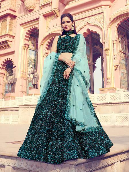 Myra Black Heavy Embroidered Fur Lehenga | Grocsy