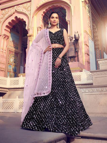 Myra Black Heavy Embroidered Fur Lehenga | Grocsy