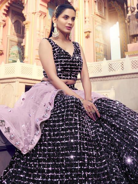 Myra Black Heavy Embroidered Fur Lehenga | Grocsy