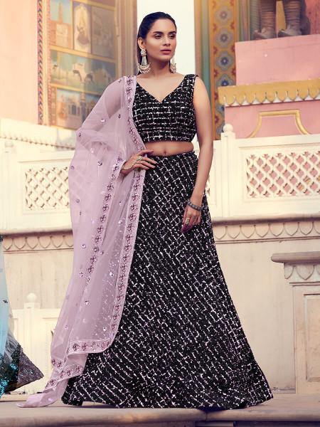 Myra Black Heavy Embroidered Fur Lehenga | Grocsy