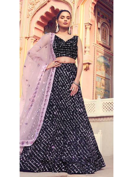 Myra Black Heavy Embroidered Fur Lehenga | Grocsy