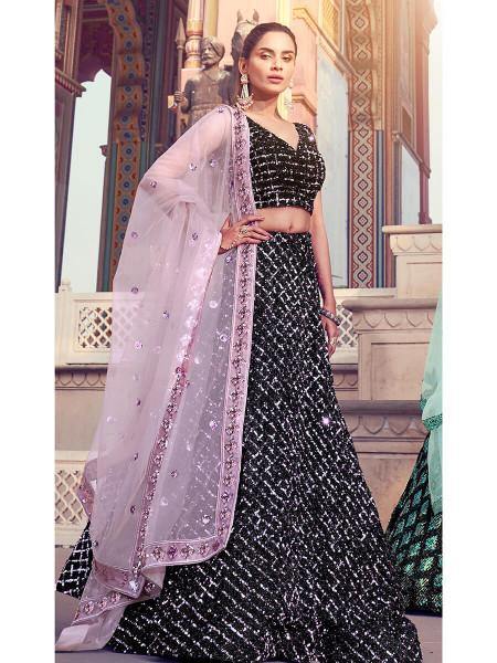 Myra Black Heavy Embroidered Fur Lehenga | Grocsy