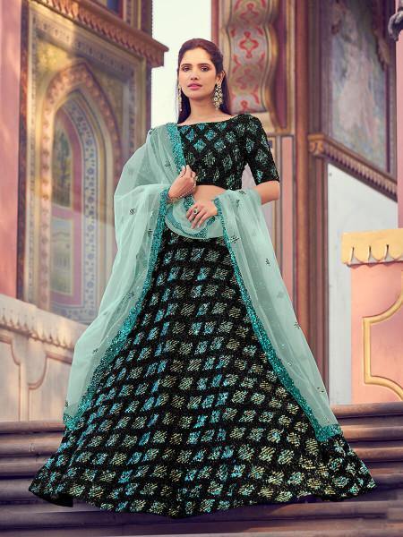 Myra Black Heavy Embroidered Fur Lehenga | Grocsy