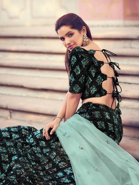 Myra Black Heavy Embroidered Fur Lehenga | Grocsy