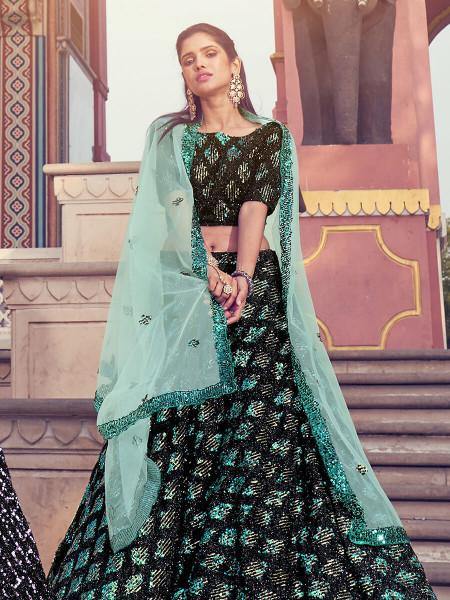 Myra Black Heavy Embroidered Fur Lehenga | Grocsy