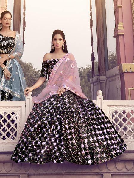 Myra Black Heavy Embroidered Fur Lehenga | Grocsy