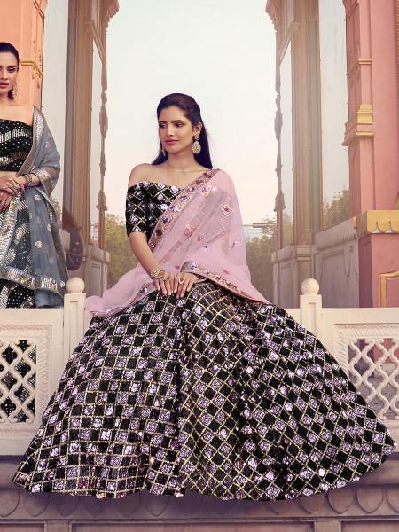 Myra Black Heavy Embroidered Fur Lehenga | Grocsy