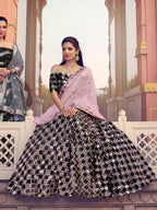 Myra Black Heavy Embroidered Fur Lehenga | Grocsy