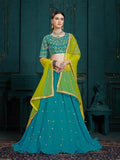 Myra Peacock Blue Georgette Embroidered Lehenga | Grocsy