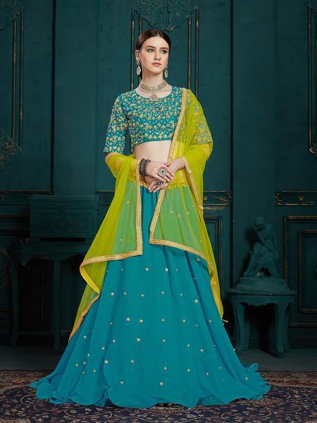 Myra Peacock Blue Georgette Embroidered Lehenga | Grocsy