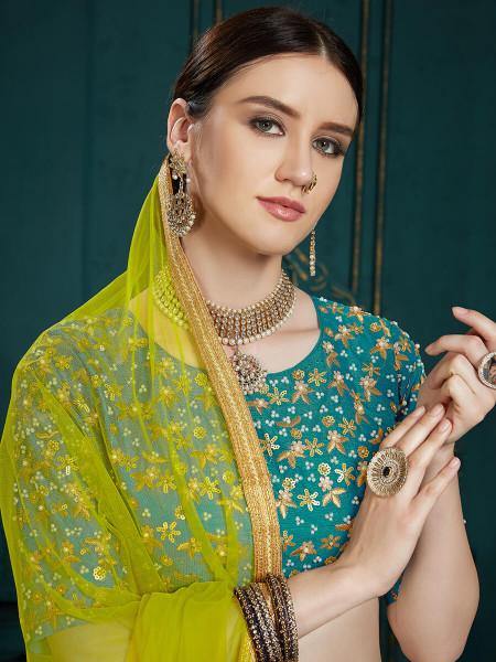 Myra Peacock Blue Georgette Embroidered Lehenga | Grocsy