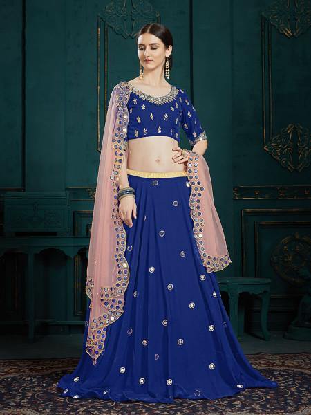 Myra Navi Blue Georgette Embroidered Lehenga | Grocsy