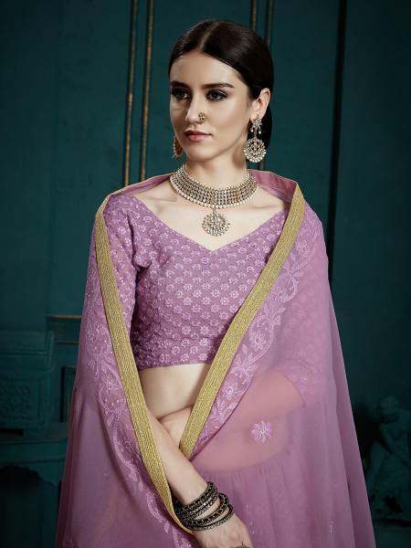 Myra Lavender Georgette Embroidered Lehenga | Grocsy