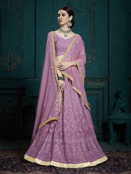 Myra Lavender Georgette Embroidered Lehenga | Grocsy