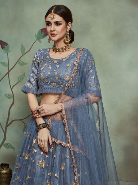 Myra Grey Soft Net Heavy Embroidered Lehenga | Grocsy