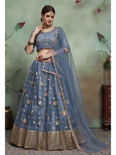 Myra Grey Soft Net Heavy Embroidered Lehenga | Grocsy