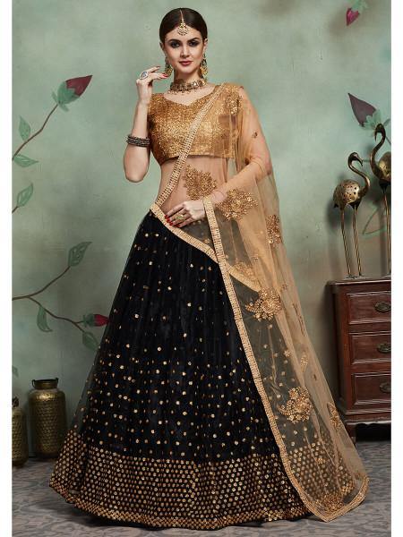 Myra Black Soft Net Heavy Embroidered Lehenga | Grocsy