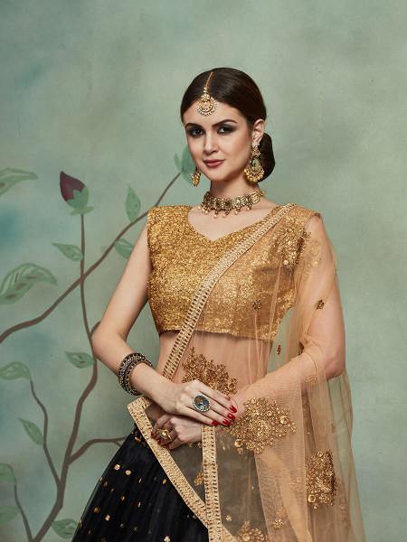 Myra Black Soft Net Heavy Embroidered Lehenga | Grocsy