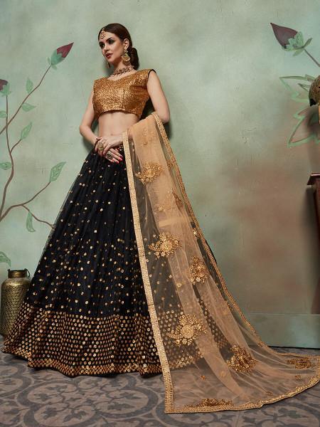 Myra Black Soft Net Heavy Embroidered Lehenga | Grocsy