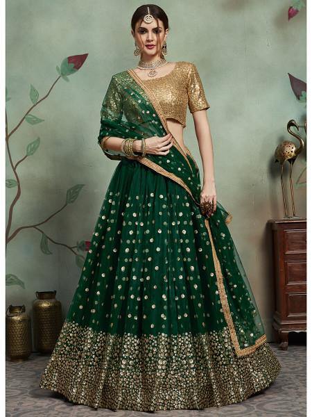 Myra Dark Green Soft Net Heavy Embroidered Lehenga | Grocsy