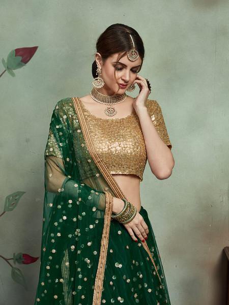 Myra Dark Green Soft Net Heavy Embroidered Lehenga | Grocsy