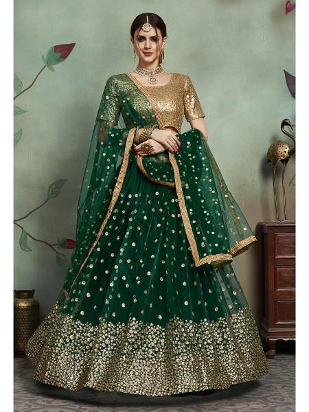 Myra Dark Green Soft Net Heavy Embroidered Lehenga | Grocsy