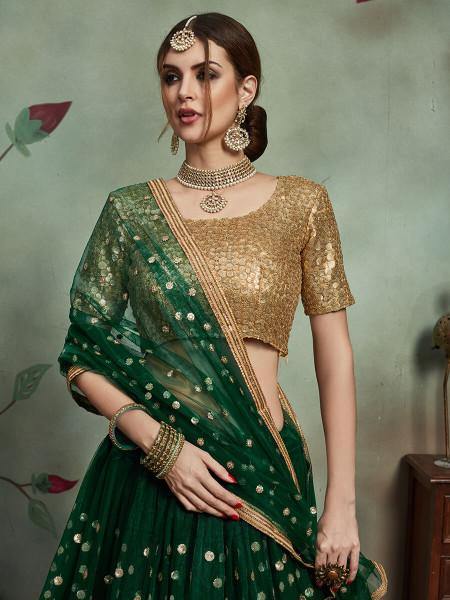 Myra Dark Green Soft Net Heavy Embroidered Lehenga | Grocsy