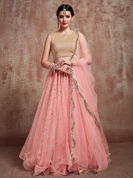 Myra Baby Pink Soft Net Heavy Embroidered Lehenga | Grocsy