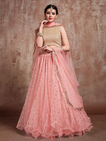 Myra Baby Pink Soft Net Heavy Embroidered Lehenga | Grocsy