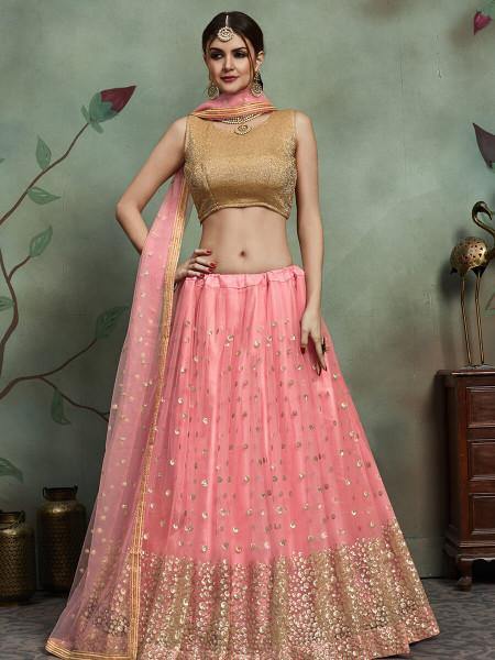 Myra Baby Pink Soft Net Heavy Embroidered Lehenga | Grocsy